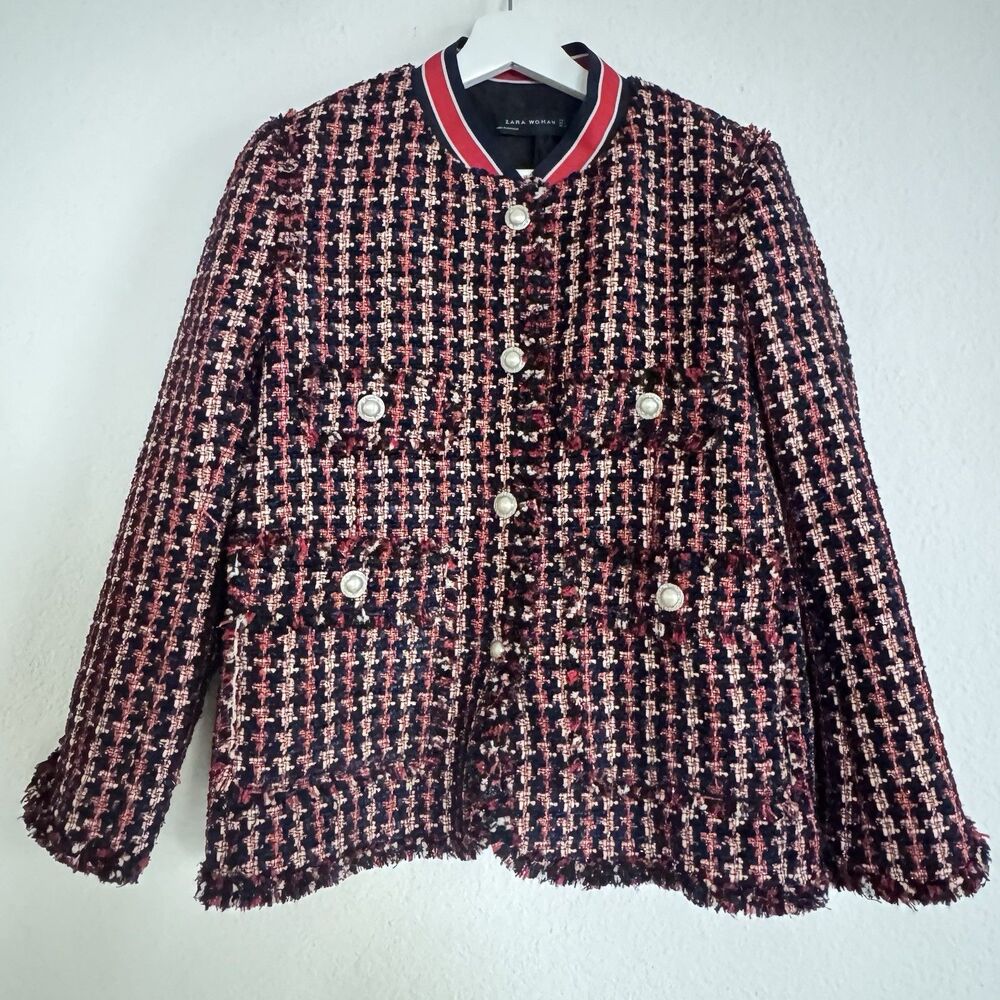 Zara Red Tweed Blazer Jacket With Striped Details Sz M Pearl Like Buttons - Picture 2 of 15